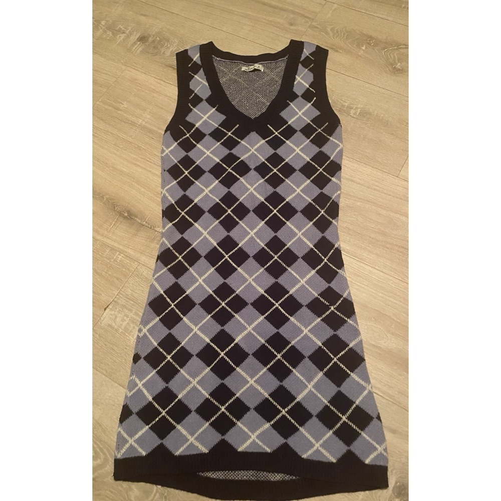 Hollister Argyle Sweater Dress Women's Medium Blue Navy Sleeveless V-Neck Knit